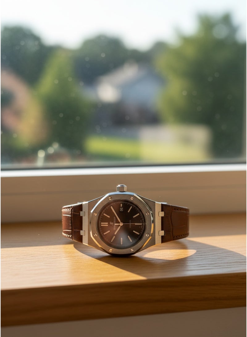 أوديمار بيجويت ساعة أوديمار بيغيه رويال أوك أوتوماتيكية من الفولاذ المقاوم للصدأ بميناء بني وحزام جلدي - Image 2